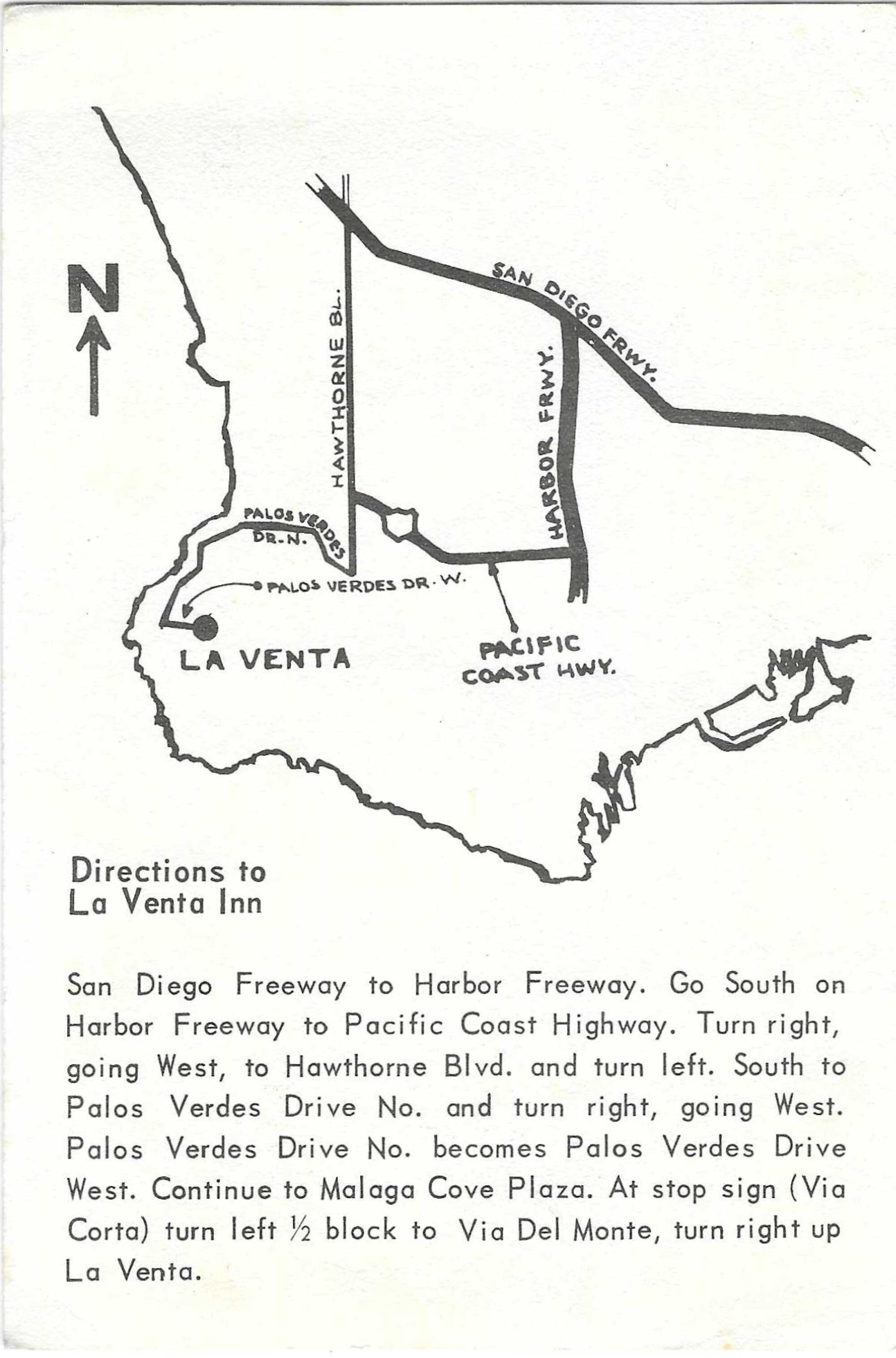 Map of Palos Verdes Peninsula, South Bay and port area, with written directions to La Venta Inn