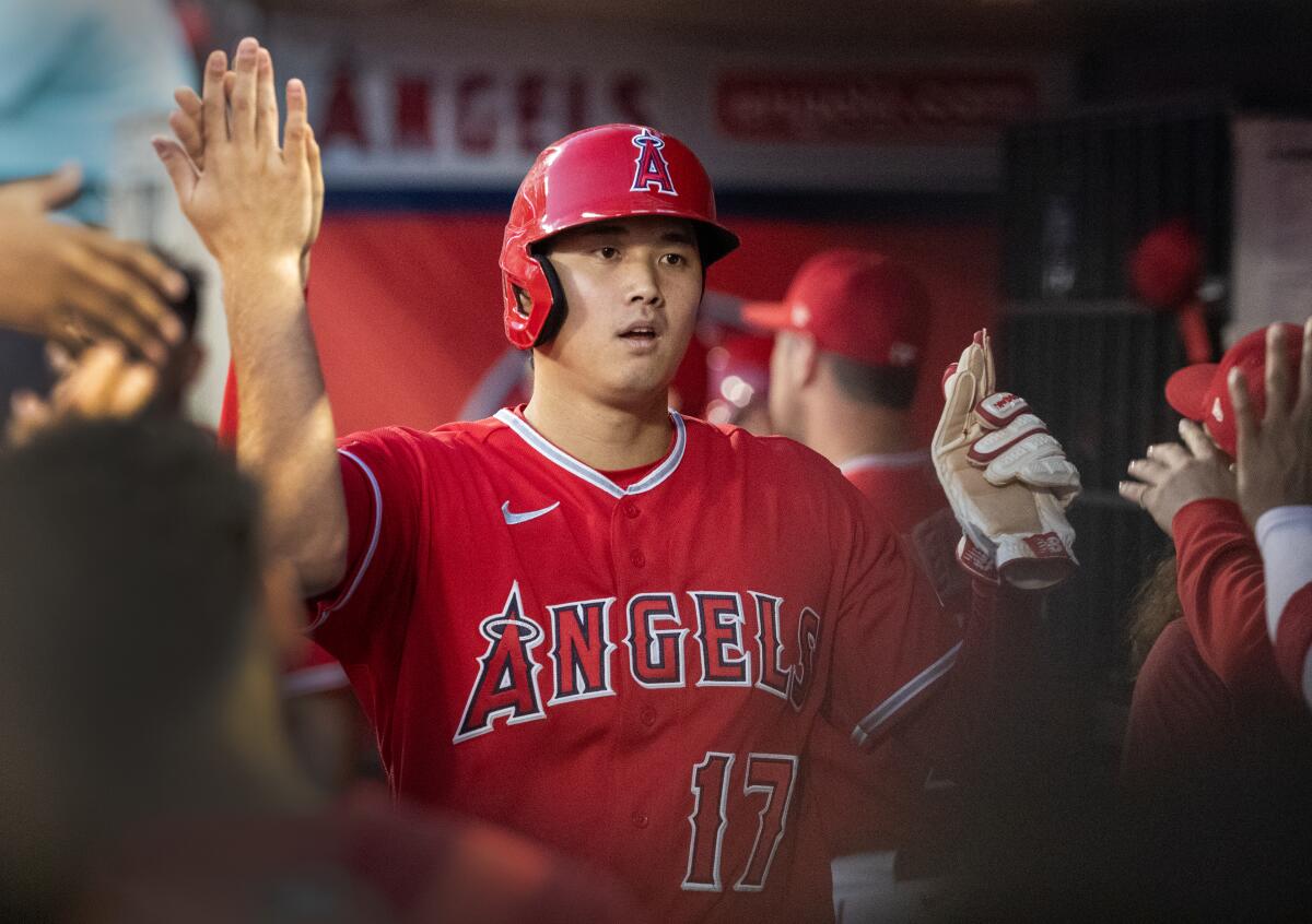 Angeles players celebrate two-way player and designated hitter Shohei Ohtani.