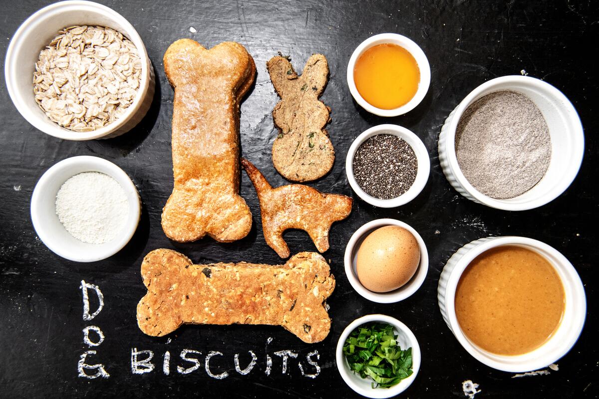 Dog biscuit recipes from L.A. pastry chefs Lincoln Carson, Sherry Yard and Cecilia Leung use pantry ingredients such as oatmeal, powdered milk and peanut butter.