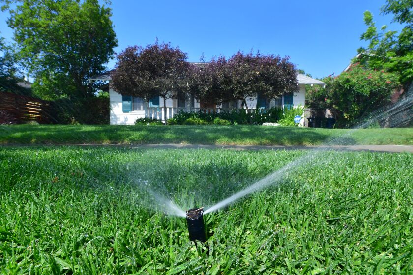 An automated sprinkler waters grass in front of homes in Alhambra, California on April 27, 2022, a day after Southern California delared a water shortage emergency with unprecedented new restrictions on outdoor watering for millions of people living in Los Angeles, San Bernardino and Ventura counties. - Southern California's Metropolitan water district will allow for outdoor watering tp just one day per week effective June 1st. (Photo by Frederic J. BROWN / AFP) (Photo by FREDERIC J. BROWN/AFP via Getty Images)