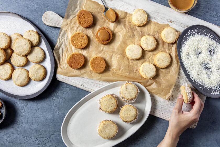 LOS ANGELES, CALIFORNIA, Nov. 19, 2020: Ben Mims' Alfajor de Nuez, from a recipe by Arturo Enciso and Ana Belen Salatino of Gusto Bread, photographed for LA Times Food section's Holiday Cookies 2020 story on Thursday, Nov 19, 2020, at the Proplink Studios in Arts District Los Angeles. (Silvia Razgova / For the Times, food and prop styling / Leah Choi) ATTN: 653895-la-fo-holiday-cookies-2020