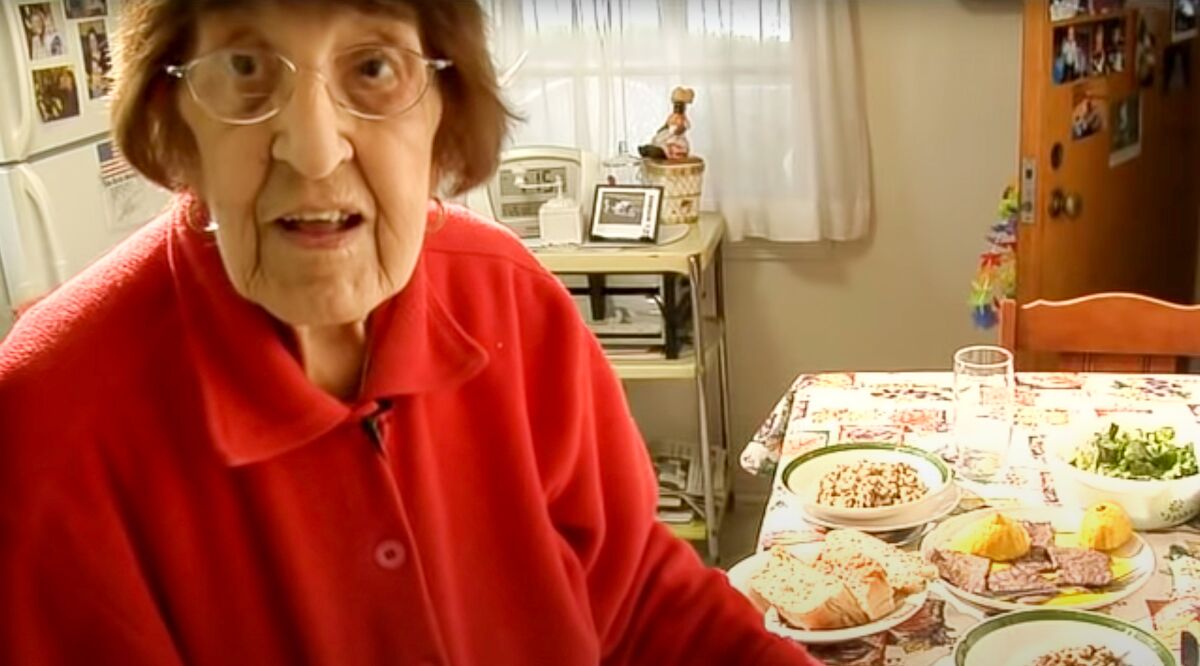 Screenshot from a video of Clara Cannucciari on her YouTube channel Great Depression Cooking, which features recipes she and her family prepared during the Depression.