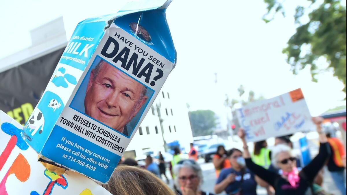 This June 26 photo shows Rep. Rep. Dana Rohrabacher depicted on a carton of milk during a protest against Atty. Gen. Jeff Session's visit to Los Angeles.