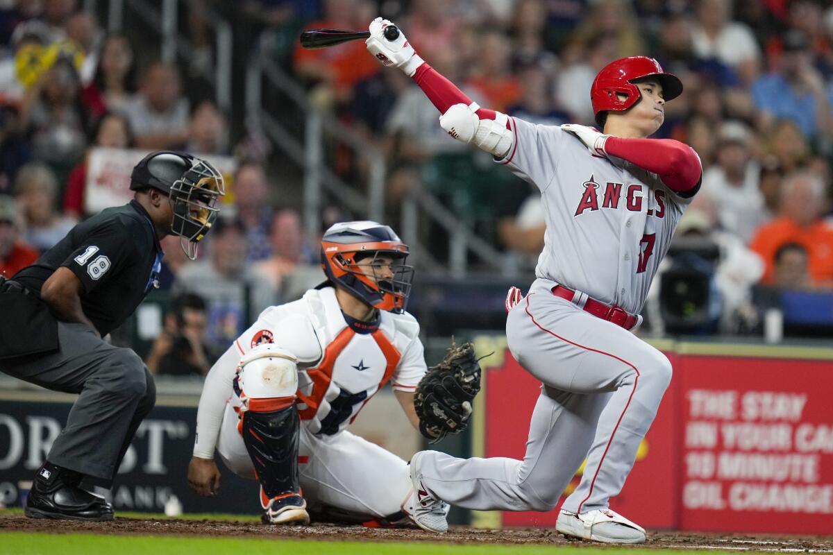 Angels star Shohei Ohtani strikes out during the fourth inning against the Astros on Saturday.