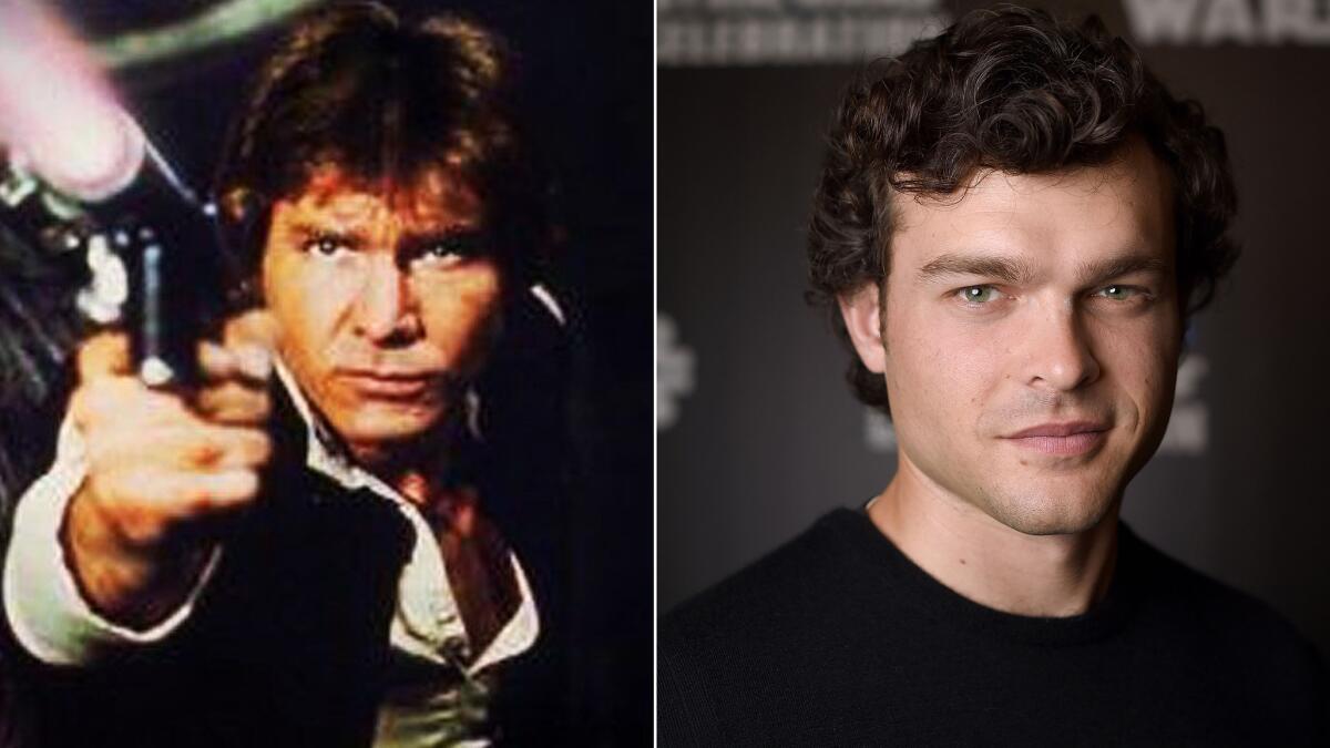 Harrison Ford as Han Solo in 1977's "Star Wars," left, and Alden Ehrenreich at the Star Wars Celebration in London on Sunday.