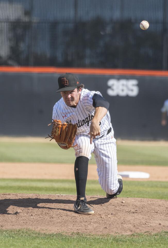 Huntington Beach High's Josh Hahn pitches in the second round of the CIF Southern Section Division 1 playoffs against Bishop Amat on Tuesday.