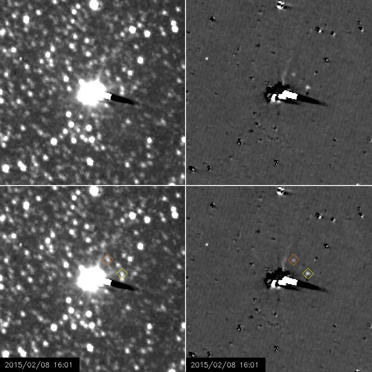 New images from the New Horizons mission offer the spacecraft's first extended look at Hydra (marked by a yellow diamond) and its first-ever view of Nix (orange diamond). The images on the right have been processed to remove much of the background starlight.