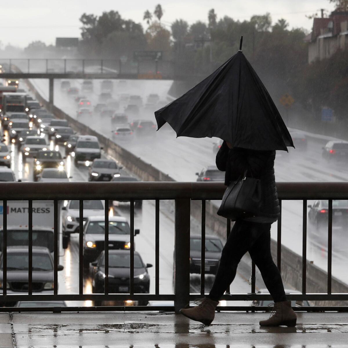 Nayer Shahram camina bajo la lluvia con un paraguas roto, durante una tormenta en diciembre pasado, en Encino.