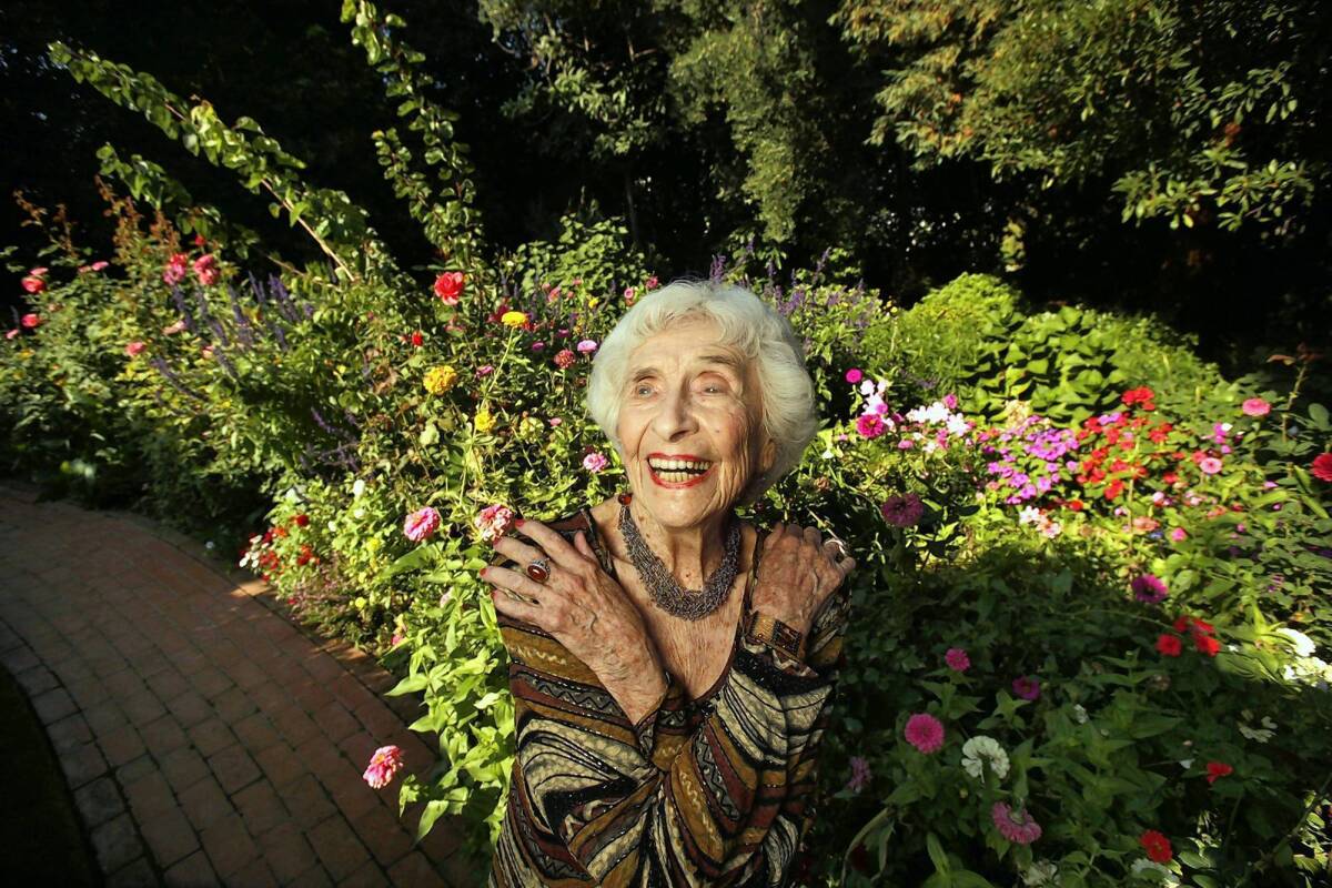 Hedda Bolgar at 99 in the garden of her Brentwood home. She continued to see psychoanalysis patients until a few weeks before her death on Monday at 103.