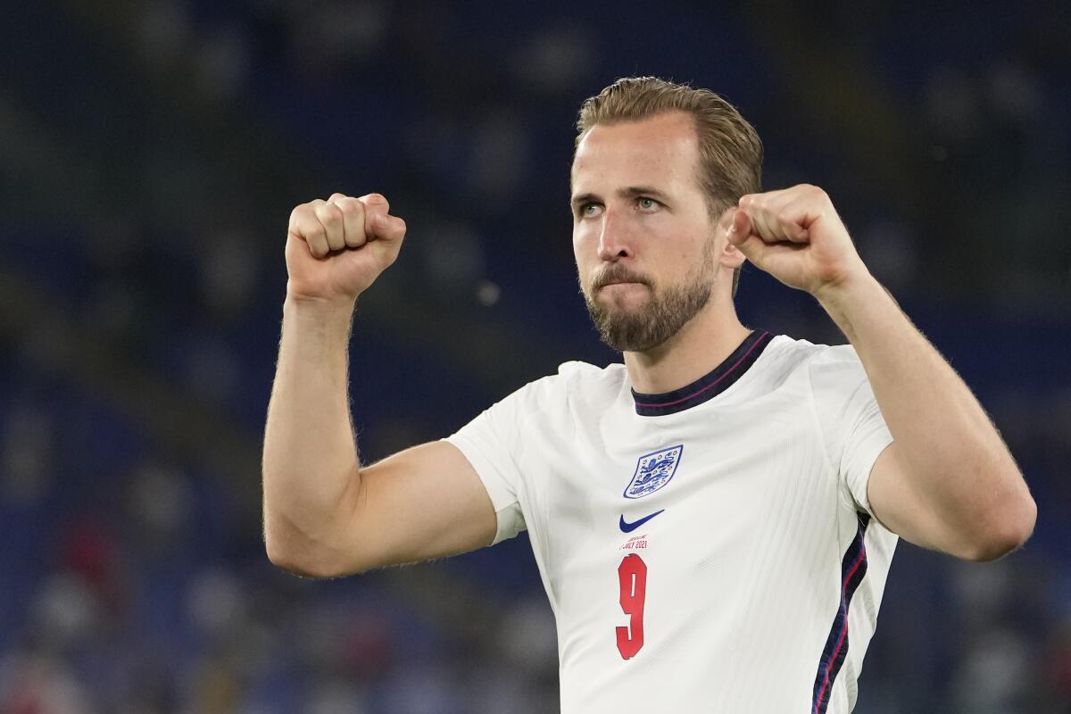 Harry Kane, who scored two goals, celebrates after England beat Ukraine in a Euro 2020 quarterfinal match July 3, 2021.