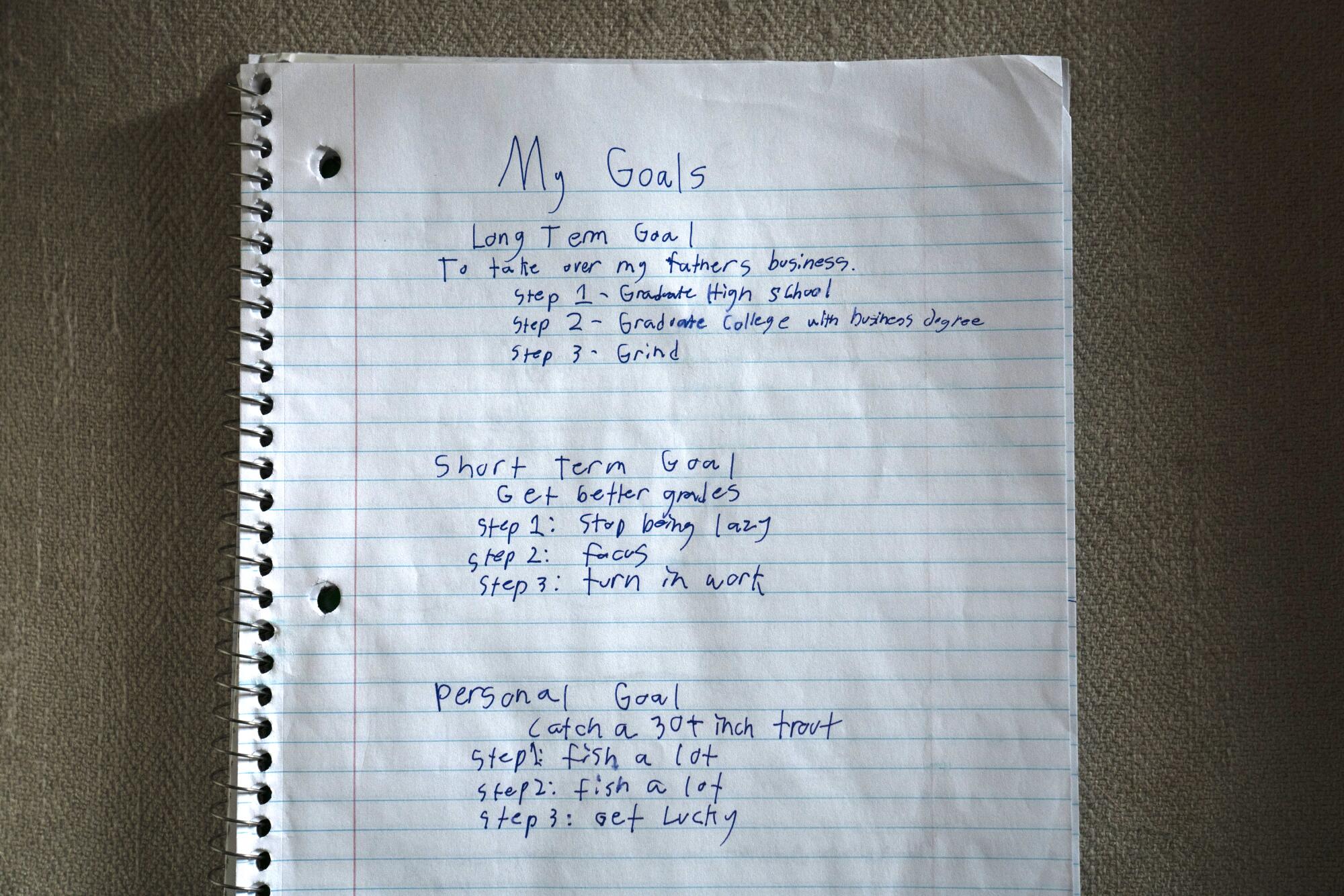 Ryan Bagwell's notebook with his goals 