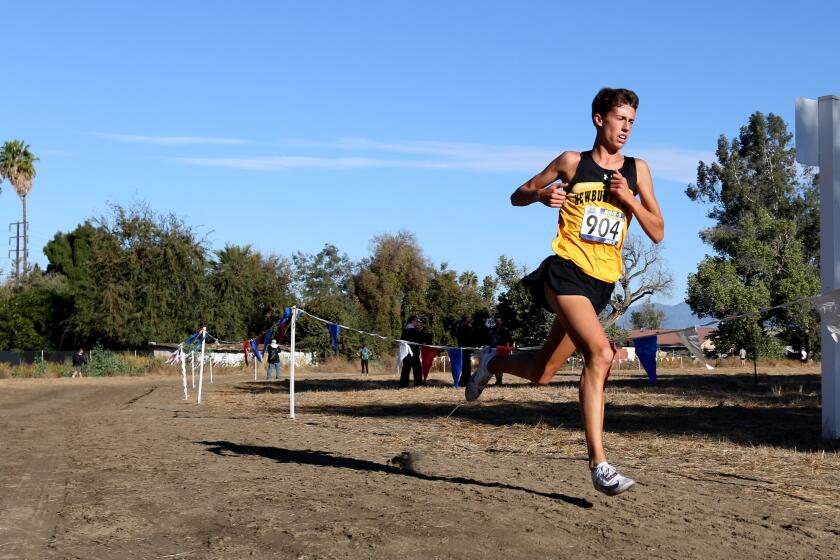 Newbury Park senior Nico Young ran alone most of the race and broke the course record with a time of 13:54:1 in the boys division 2 CIF Southern Section Cross Country Finals, at Riverside City Cross-Country Course in Riverside on Saturday, Nov. 23, 2019.