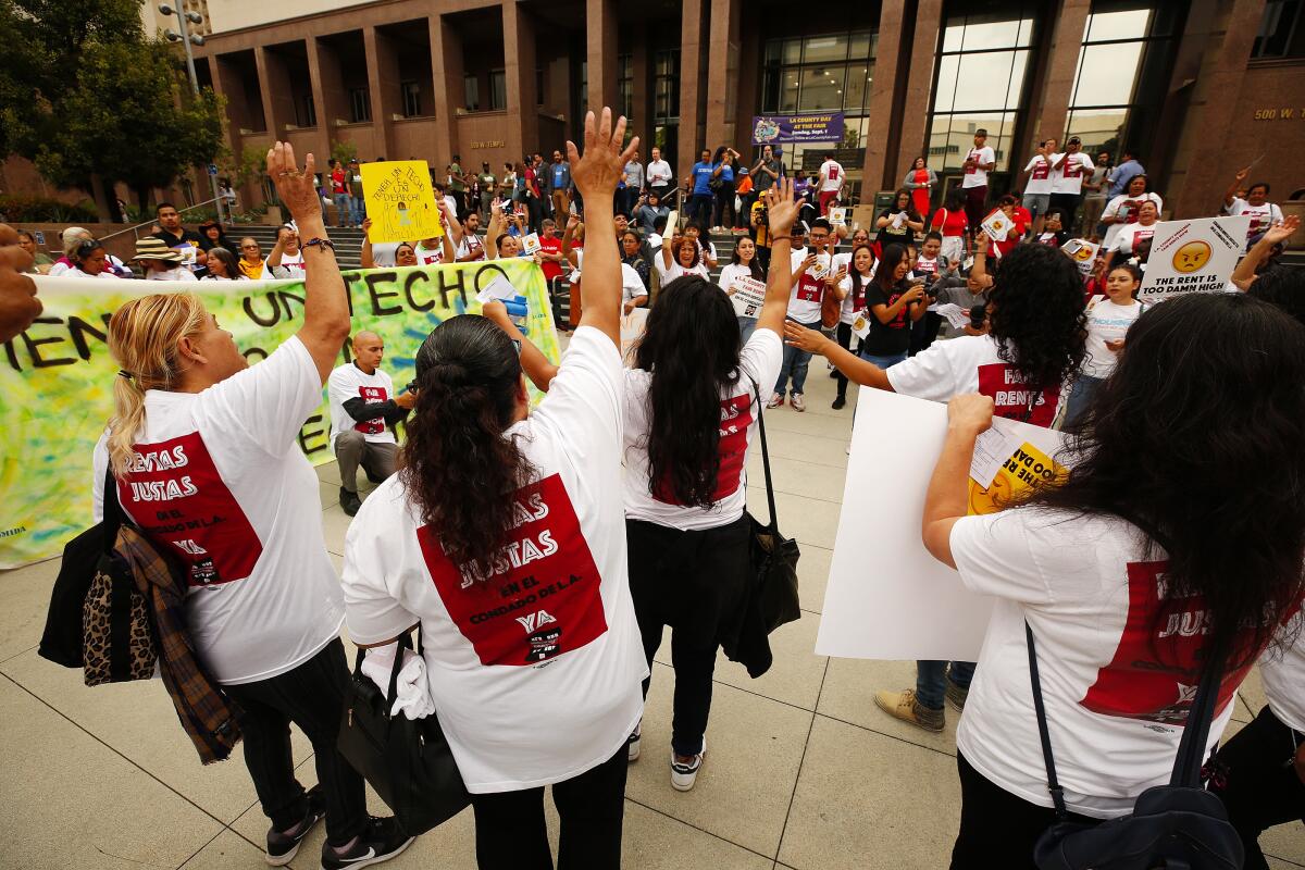 People rally outside with signs