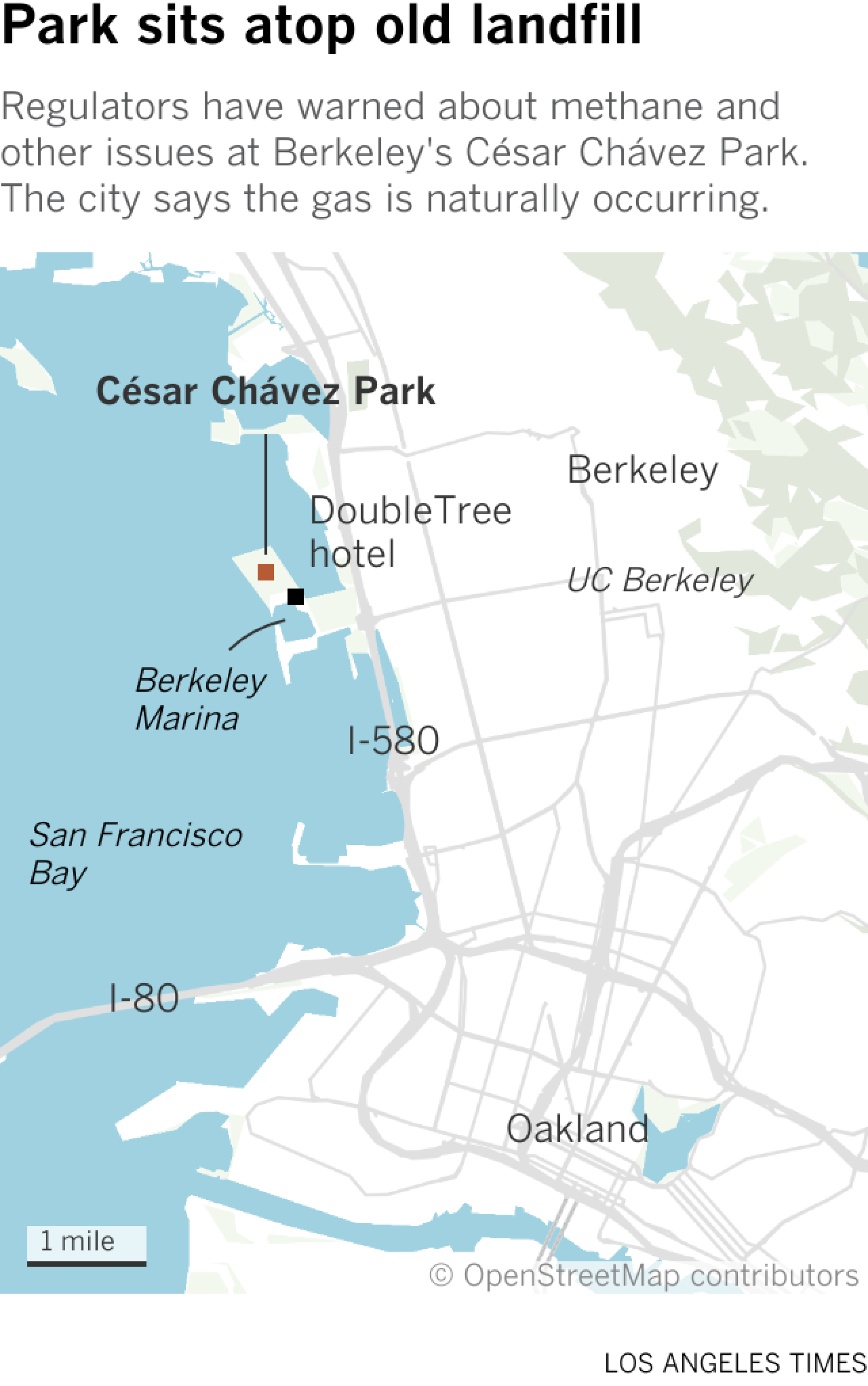 Map shows the location of César Chávez Park and the nearby DoubleTree hotel on the Berkeley Marina. The park is on the west side of Berkeley.