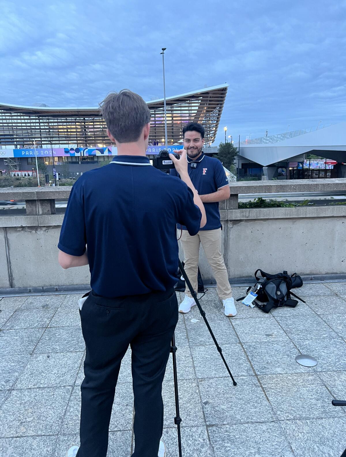 Students Ty Therien and Enrique Medina ready to broadcast from the Paris Games.