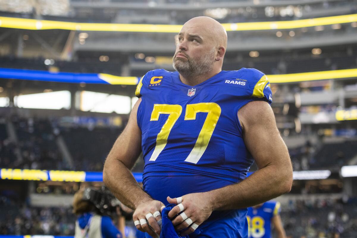 Rams offensive tackle Andrew Whitworth walks to the locker room after a win over the Jacksonville Jaguars on Dec. 5.