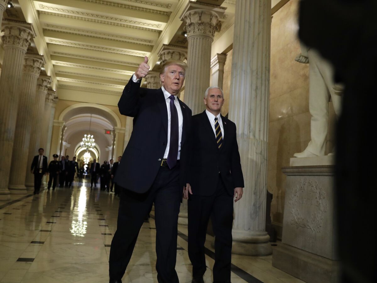 President Trump on Capitol Hill after meeting with lawmakers on tax policy.