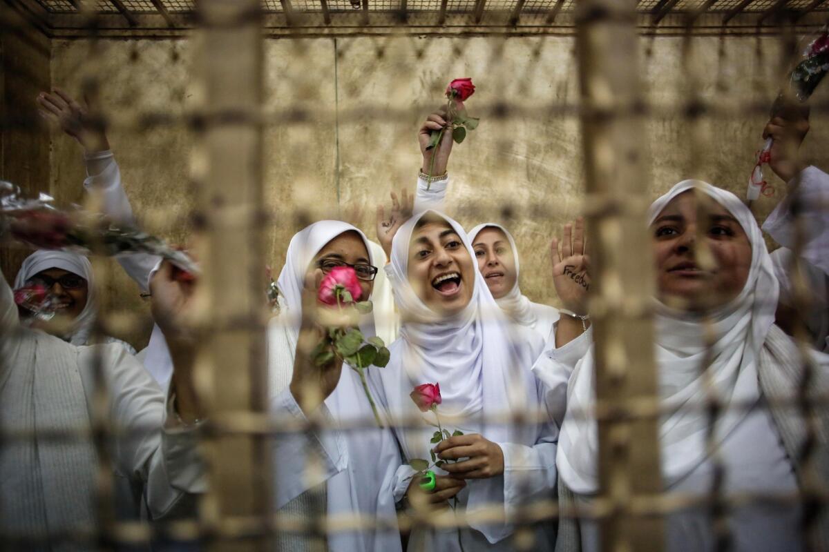 Female supporters of Egypt's ousted President Mohammed Morsi hold roses inside the defendants' cage in an Alexandria courtroom.