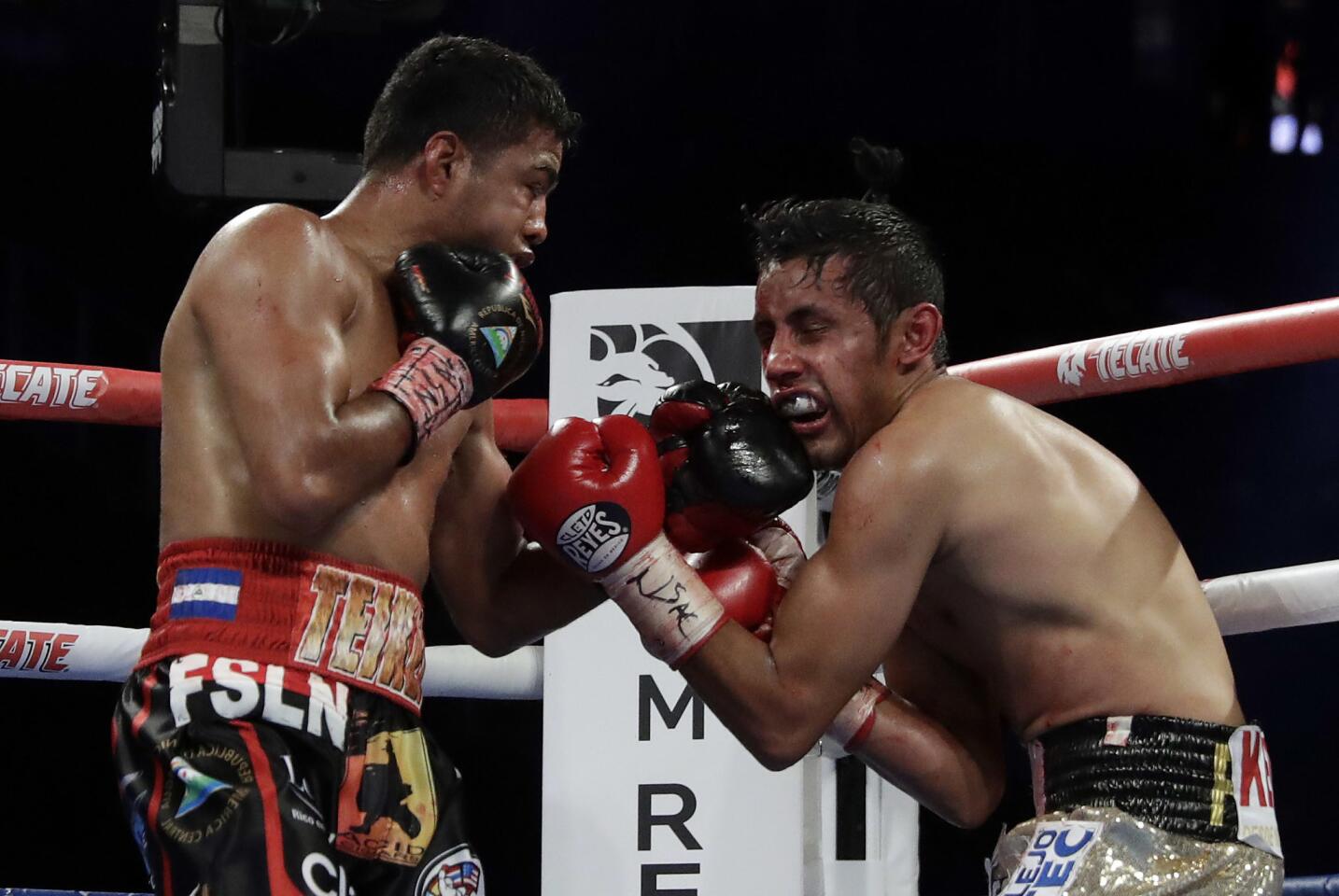 Roman Gonzalez, left, punches Moises Fuentes during their bantamweight boxing match, Saturday, Sept. 15, 2018, in Las Vegas. Gonzalez won by TKO.