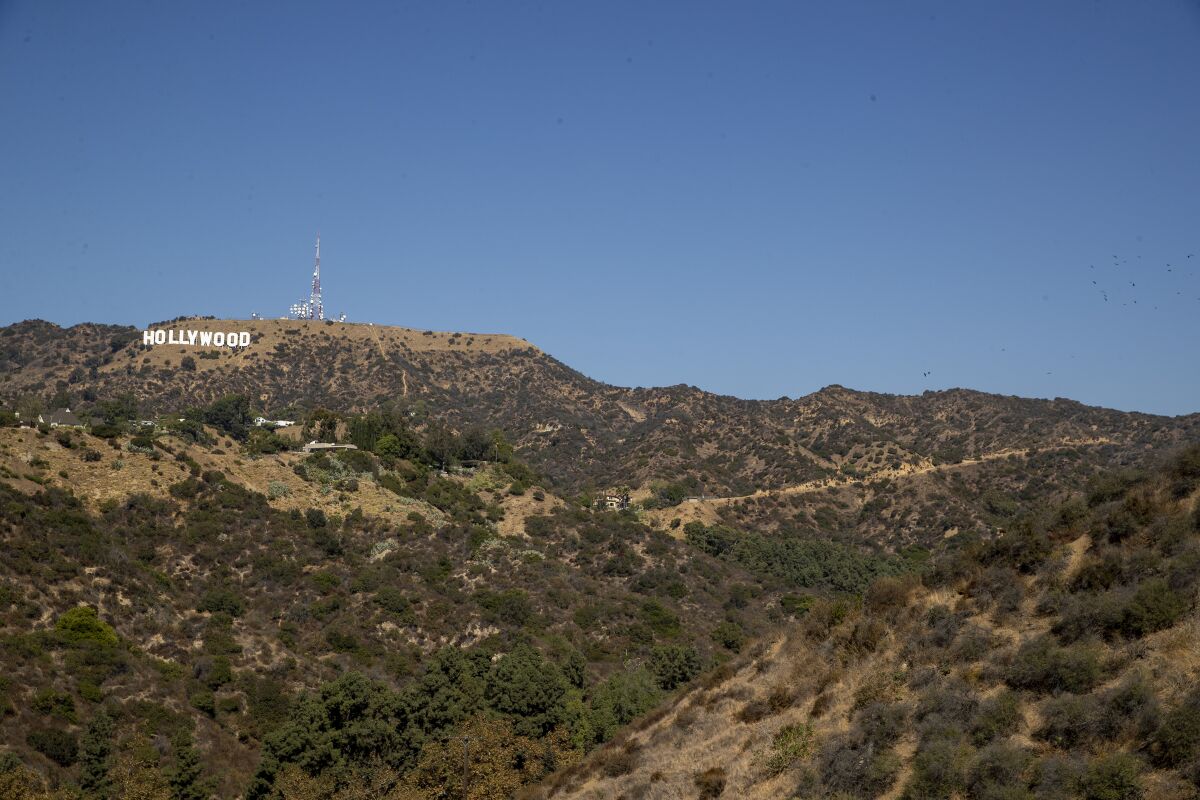 View towards the Hollywood sign and Mt. Lee, left, on Monday, Oct. 12, 2020