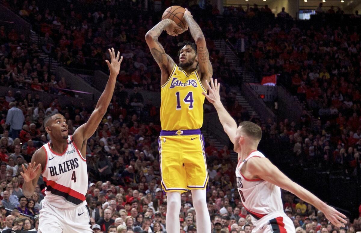 Lakers forward Brandon Ingram elevates for a jump shot against the Trail Blazers on Thursday night.