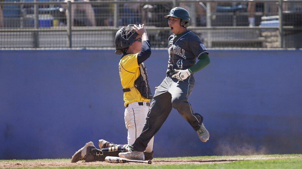 Sage Hill School's Edward Pelc (4), gives the Lightning the 1-0 lead during the first inning against Crean Lutheran in the CIF-SS Division 6 baseball championship game at UCR Sports Complex in Riverside on Saturday.