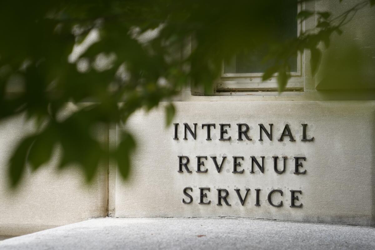 A sign marks Internal Revenue Service headquarters in Washington. 