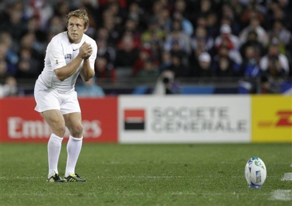 England's Jonny Wilkinson prepares to take a penalty shot at goal during their Rugby World Cup game against Scotland in Auckland, New Zealand, Saturday, Oct. 1, 2011. (AP Photo/Themba Hadebe).