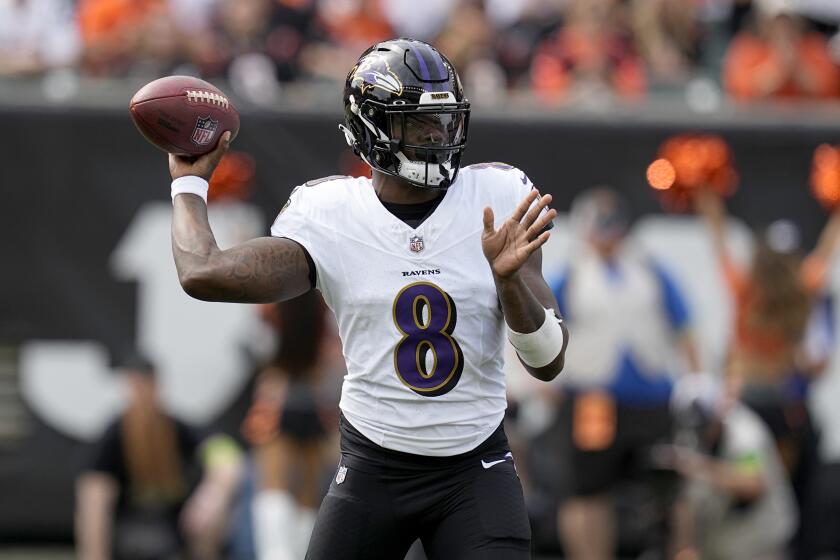 Baltimore Ravens quarterback Lamar Jackson throws during the first half of an NFL football game against the Cincinnati Bengals Sunday, Sept. 17, 2023, in Cincinnati. (AP Photo/Darron Cummings)