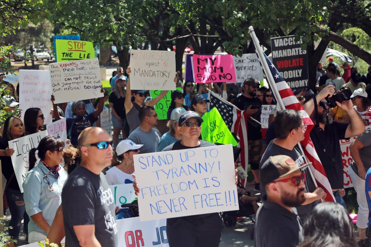 A crowd holds up flags and signs, one of which reads, Stand up to tyranny! Freedom is never free!!!
