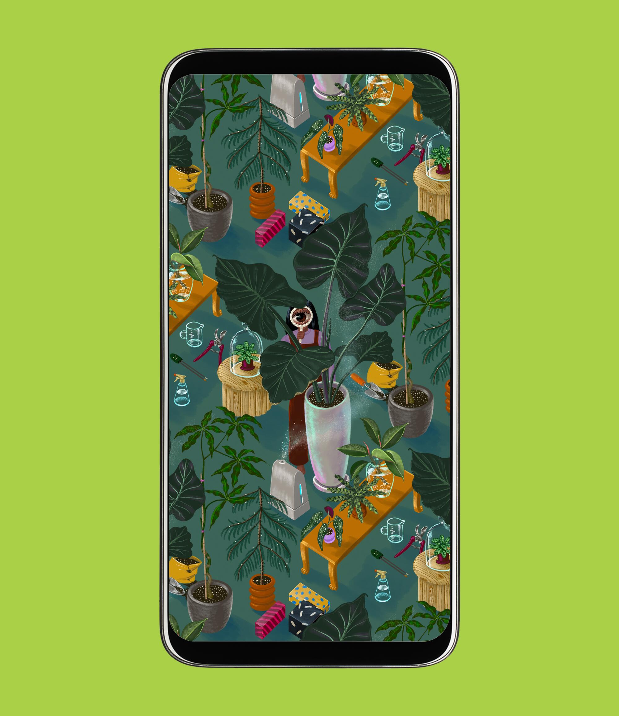 Mockup of a phone background with a plants illustration.