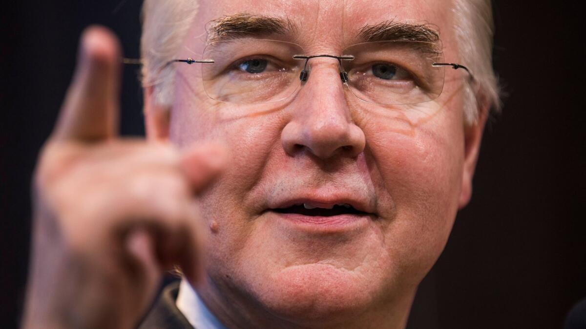 Republican Congressman from Georgia Tom Price, Donald Trump’s pick for health and human services secretary and an ardent Obamacare critic, speaks at the Brookings Institute in Washington, D.C. on Nov. 30.