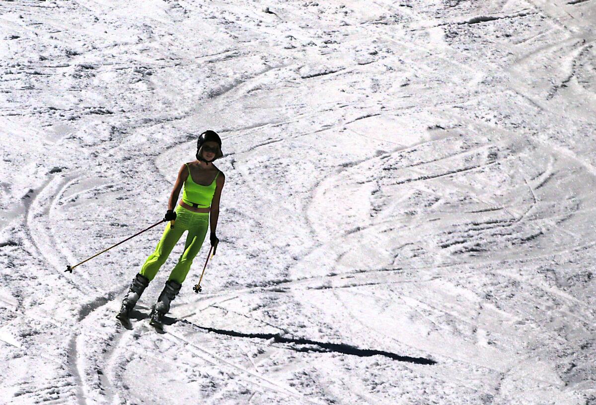 Mammoth Lakes, CA - A skier glides down Mammoth Mountain on July 27, 2023. 