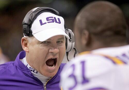 Head coach Les Miles of the LSU Tigers reacts after Notre Dame's Brady Quinn (not pictured) is sacked in the first half.