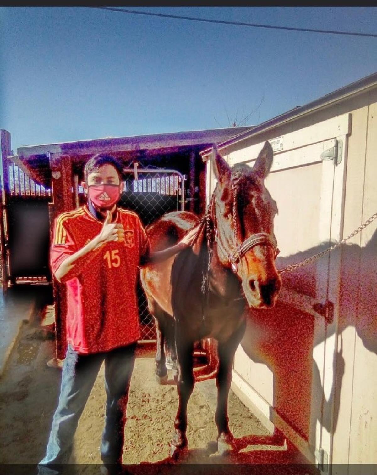 A man standing next to a horse gives a thumbs up.