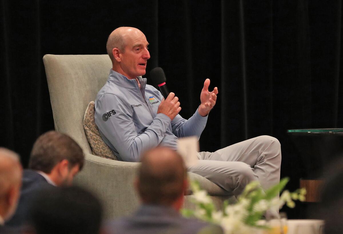 Guest of honor Jim Furyk, 51, speaks at the annual Hoag Classic "Breakfast With a Champion" event on Tuesday.