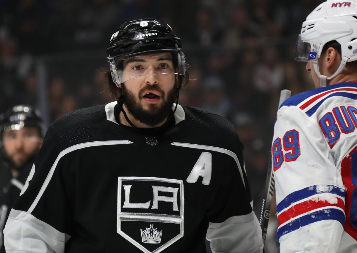 Kings defenseman Drew Doughty looks to the referee during a game against the New York Rangers.
