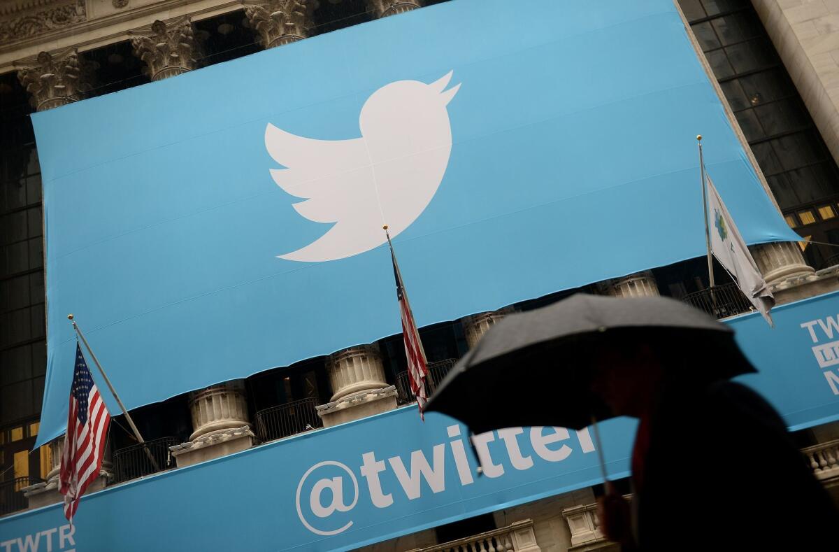 The logo of Twitter on the front of the New York Stock Exchange.