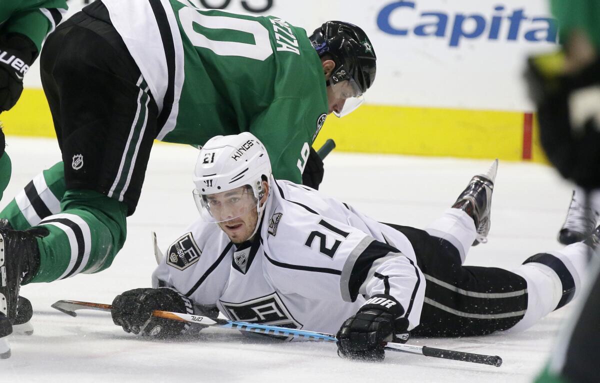 Nick Shore hits the ice during a game against Dallas in December