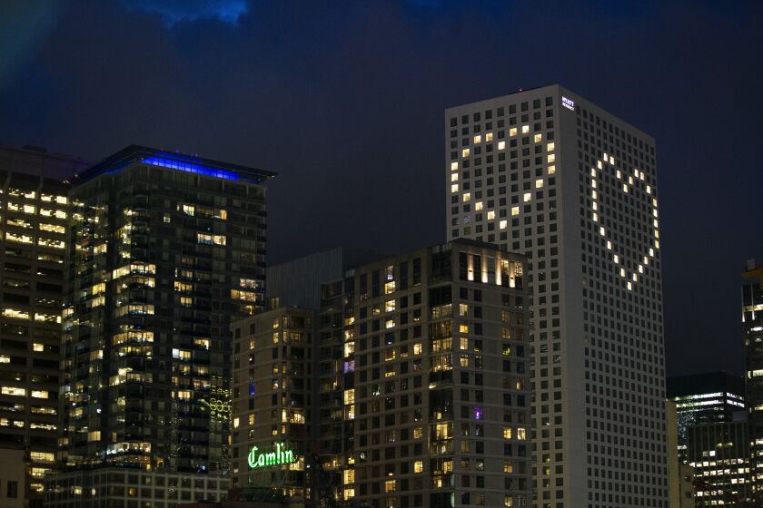 The Hyatt Regency has strategically lit up rooms to create a heart on April 2, 2020 in Seattle, Washington. Hotel operations have ceased since the outbreak of the coronavirus (COVID-19) resulting in an empty hotel void of lights.