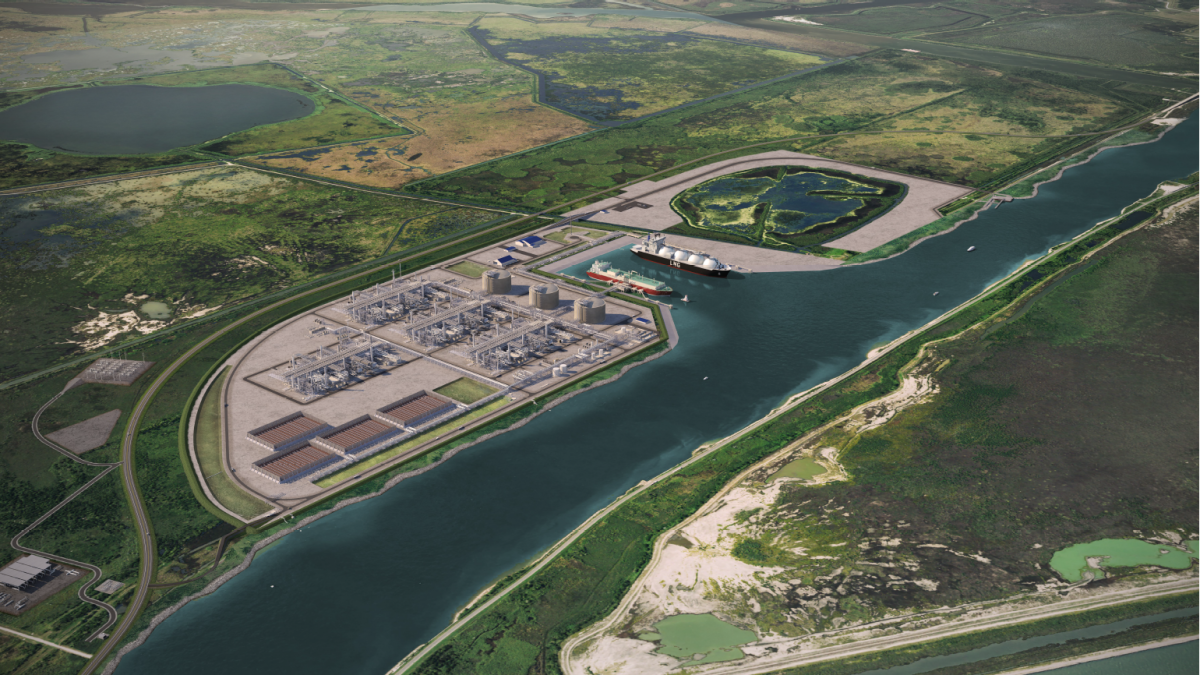 Rendering of Sempra's proposed Port Arthur LNG facility on the Texas Gulf Coast.