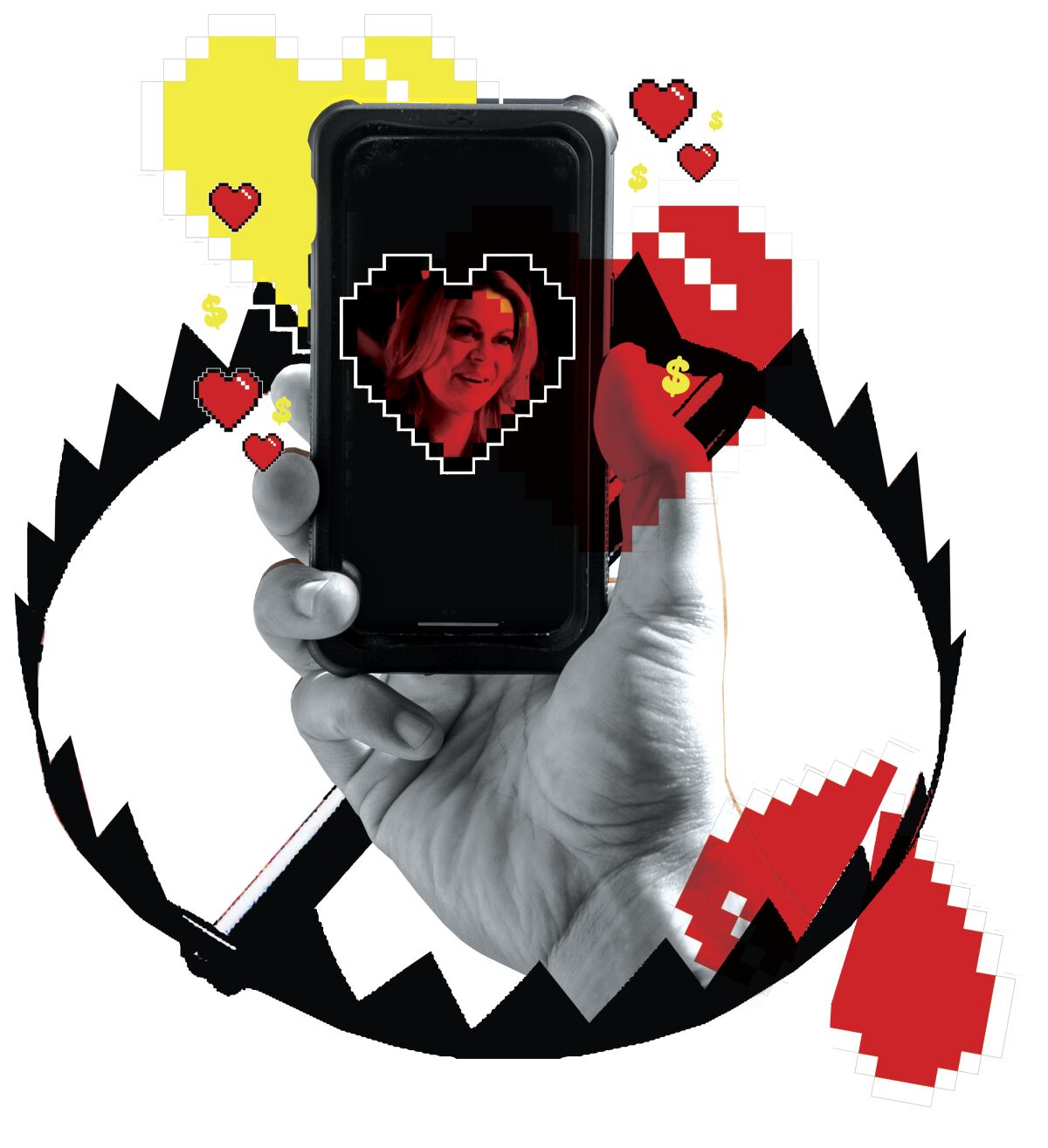 An illustration shows a woman, hearts and an animal trap.