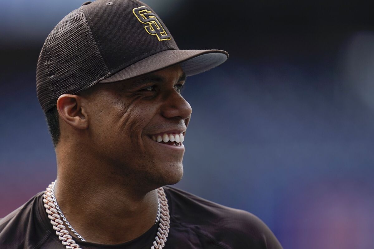 San Diego Padres right fielder Juan Soto smiles during batting practice before team's Aug. 3 game. 