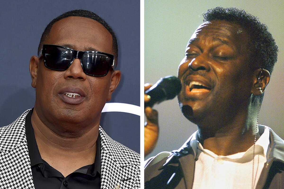 Left: Master P wears shades and a houndstooth blazer. Right: Luther Vandross sings into a mic with his eyes closed.