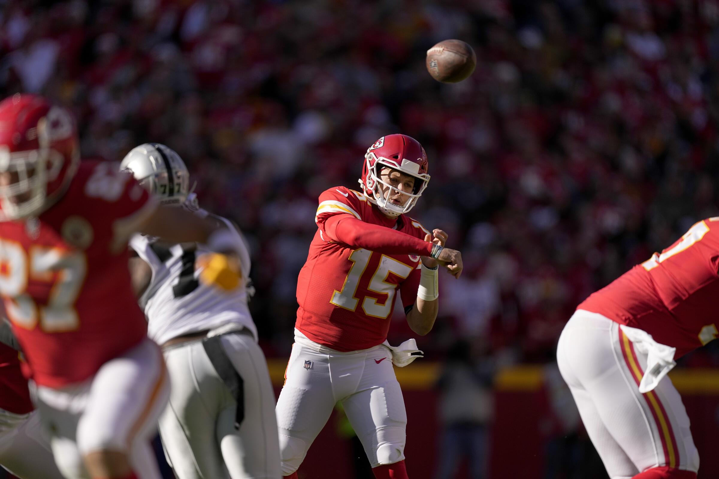 Kansas City Chiefs quarterback Patrick Mahomes passes against the Las Vegas Raiders.