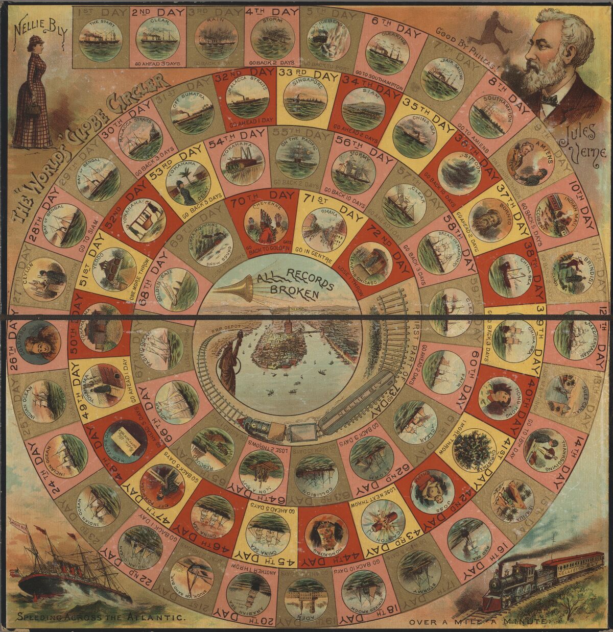 An old board game with a board arranged in a spiral shape