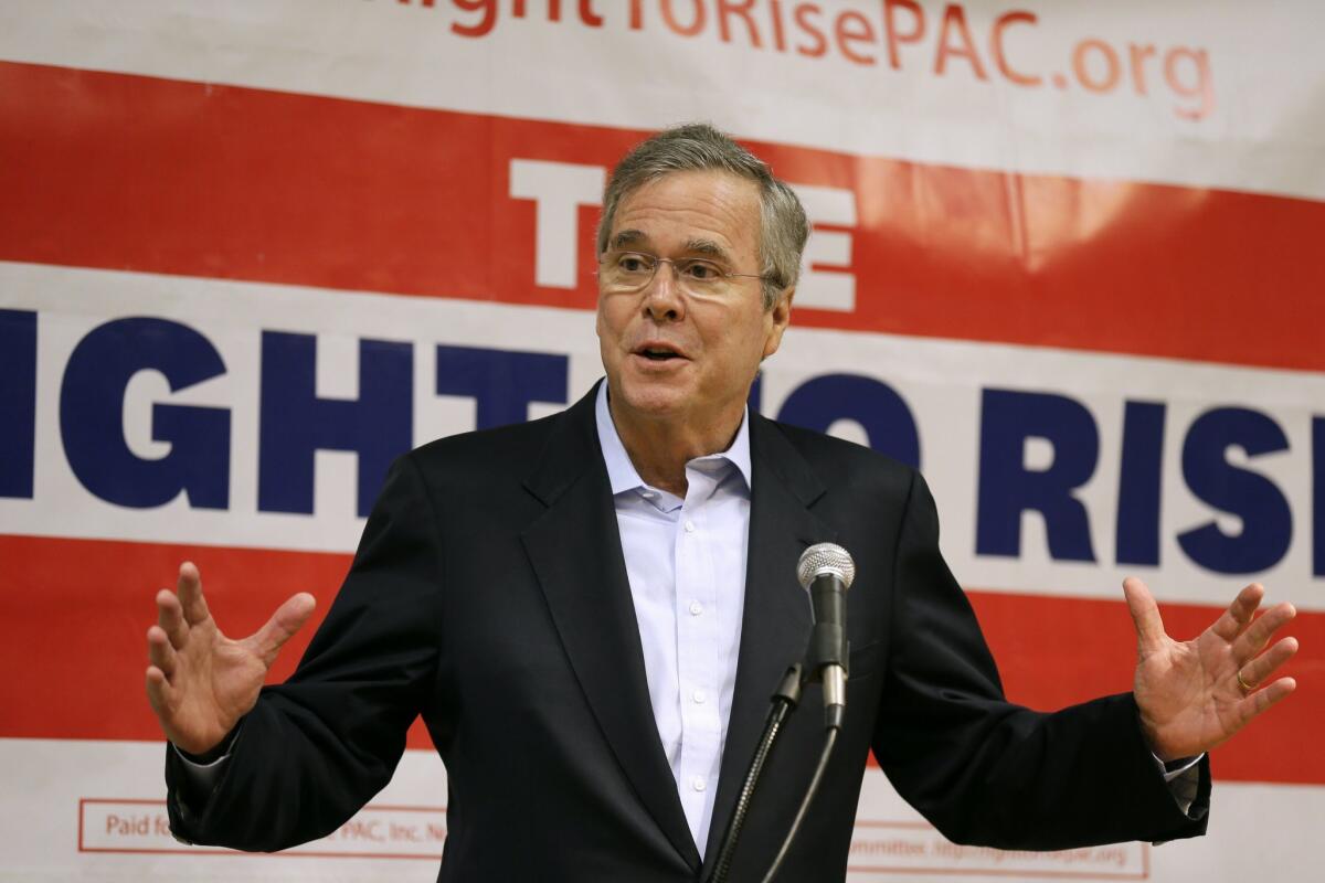 Former Florida Gov. Jeb Bush speaks during a town hall meeting on May 16 in Dubuque, Iowa.