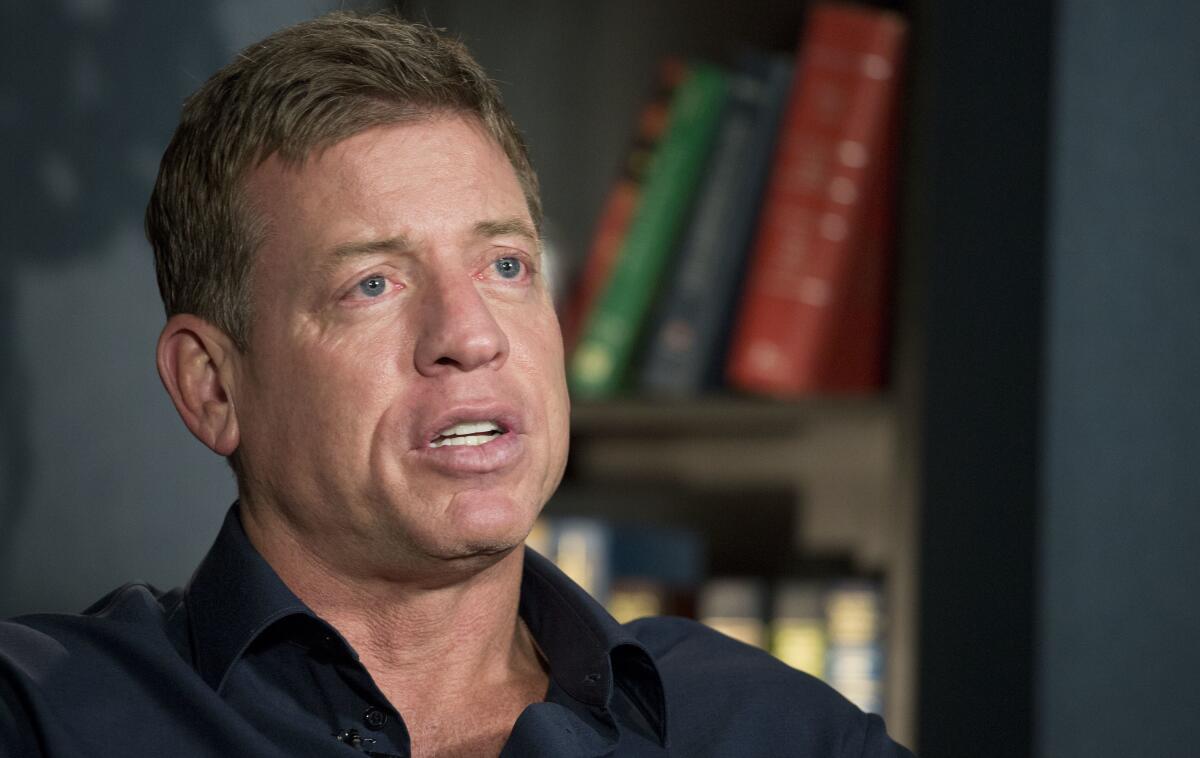 Troy Aikman talks during an 2017 interview in New York. 