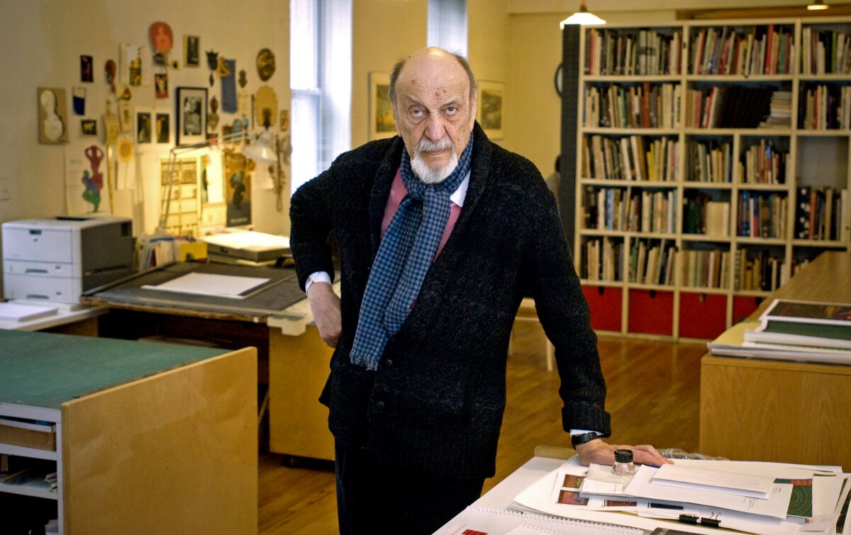 Graphic designer Milton Glaser in his studio in New York City in 2014.