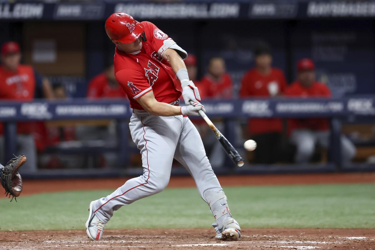 Angels' Mike Trout hits a home run against the Tampa Bay Rays.